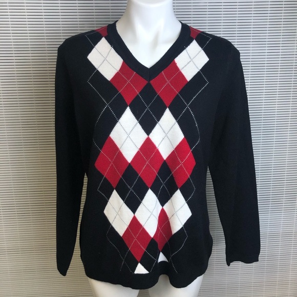 black and red argyle sweater